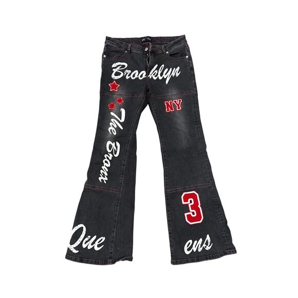 Dollskill Current Mood New York Airbrush Patched Low Waist Flare Jeans Artsy L - Picture 1 of 11